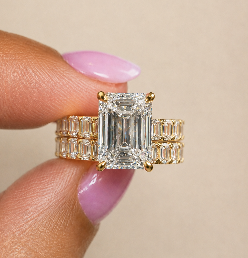 9.91 Carat Emerald Cut Shared Prong Diamond Bridal Ring Set